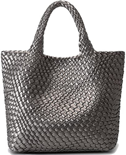 JQTOP Gewebte Tasche für Damen, veganes Leder, Tragetasche, groß, Sommer, Strand, Reisen, Handtasche und Geldbörse, Retro, handgefertigte Umhängetasche, silber, L, Retro