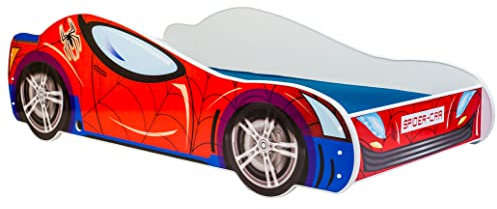 KOBI Enfant Spider Car | 80 x 160 cm | Multicolore | Thème Spiderman Super-héros | Enfants Garcon Fille | avec Sommier et Matelas | Cabane avec Barriere