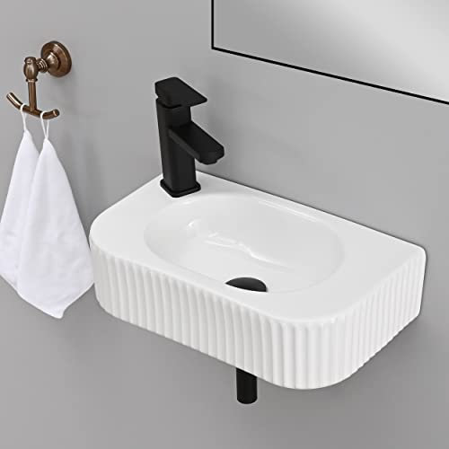 Hiomiestiy Fregadero rectangular de montaje en pared, fregadero de baño blanco montado en la pared con grifo y drenaje, porcelana blanca de cerámica para lavado pequeño