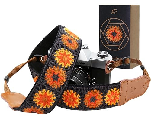 Padwa Lifestyle Hollow Crochet Orange Daisy Camera Strap - 2 Wide Cowhide Head, Embroidered Cotton Woven Vintage Camera Straps,Universal Neck & Shoulder Strap for All DSLR Cameras and Photographers