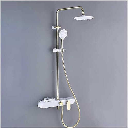 DERBUT Duschsystem mit Wanneneinlauf, Duscharmatur-Set, Wandhalterung, Einhand-Regendusche, Kopfsystem mit Handbrause, Duschset, höhenverstellbar, weiß