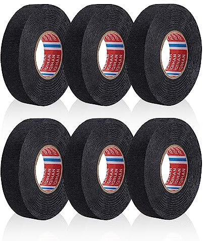 LEIMEND 6 Stück KFZ Gewebeband Isolierband Schwarz Hitzebeständiges Klebeband Hitzebeständig 19mm x 15m Stoffklebeband Kabelbaum Klebeband Tapes zum Isolieren Reparatur Elektrokabel