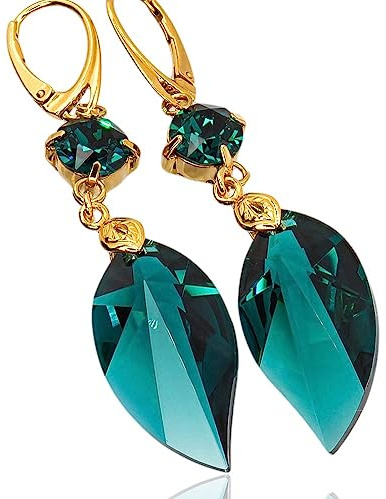 Ohrringe Emerald Leaf mit originalen österreichischen Kristallen - 24K Gold plattiert Silver 925