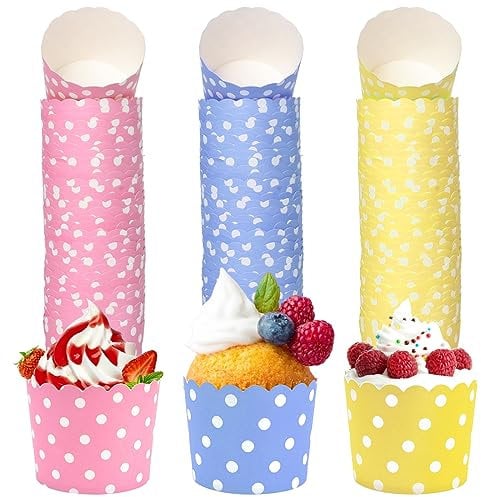 Vueinrg 150 Stück Muffinförmchen Papier Muffins Papierförmchen Cupcake Förmchen Ø 6cm Muffinform Papier Cupcake Formen für Party Geburtstag Hochzeit (Rosa, Blau, Gelb)