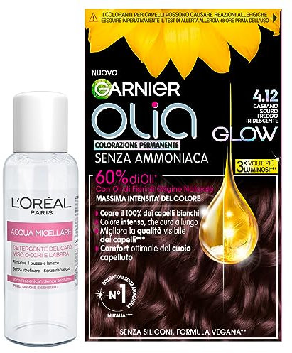 Garnier Olia Coloré Cheveux Permanent Sans Ammoniaque Illuminant Nourrissant Couleur 4.12 Châtain Foncé Froid Irisant + Eau Micellaire Nettoyant Doux Visage Yeux Lèvres Taille Voyage 30 ml