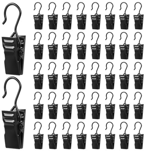 Sheryl&Rain Lot de 100 pinces à rideaux avec crochets, clips de rideaux noirs en acier inoxydable, petits crochets robustes, clips de suspension, clips de rideau de douche avec crochets, crochets à