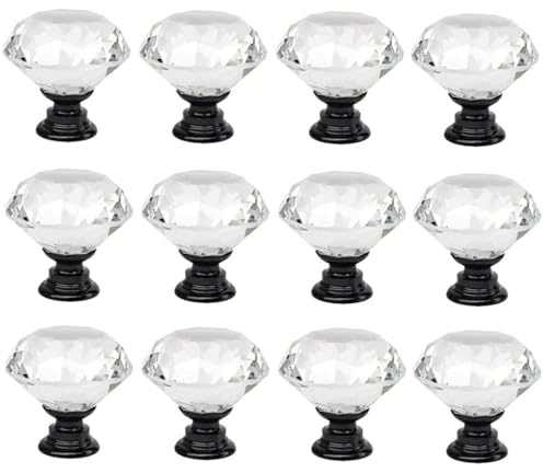 BSTMOME 12PCS Clear Crystal Glass Door Knobs - 30MM Diamond Wardrobe Doorknob/Crystal Glass Drawer Knobs/Cabinet Cupboard Handle Pull Knobs/Door Pull Handle with Screws (Black+Clear)