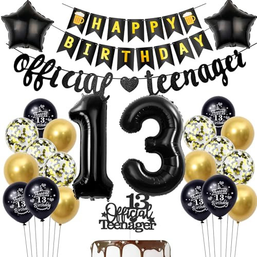Offizielle Teenager 13. Geburtstag Dekoration Jungen Mädchen, Luftballon 13. Geburtstag Mädchen Teenager Schwarz Gold Geburtstagsdeko 13 jahre Mädchen ballon deko 13. Geburtstag Mädchen Teenager