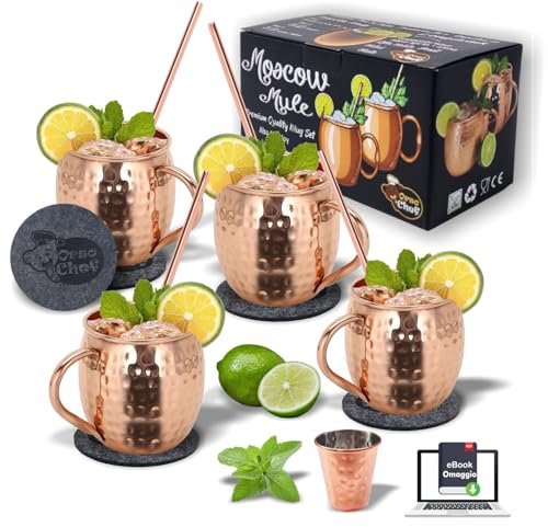 Orso Chef Tasses en cuivre Moscow Mule | Gobelets à Cocktail | Solides Mugs | Lot de 4 tasses 4 x pailles 4 x sous-verres 1 x doseur | Verres à rame| Tasses Moscow Mule | Avec E-book Cocktails