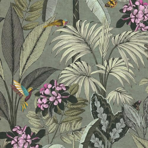 BRICOFLOR Dschungel Tapete mit Kolibri in Olivgrün Palmenblätter Vliestapete mit Vogel und Schmetterling ideal für Schlafzimmer