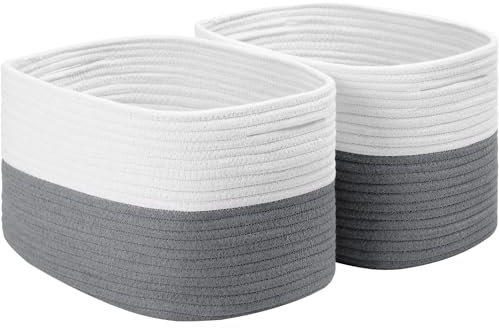 Woven Cotton Rope Storage Boxs With Hollow Handle, Toy Storage Baskets for Shelves Bathroom Towel. (White/Grey, 2 Pack)