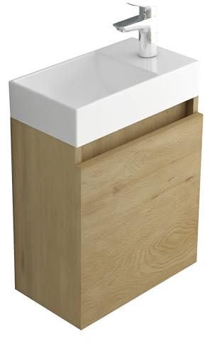 Alpenberger Waschbecken mit Unterschrank 45 cm | Badezimmermöbel Set | Kleines Waschbecken Gäste WC | Waschtisch Set | Unterschrank Bad Waschbeckenunterschrank Eiche Natur