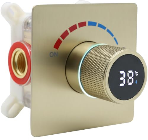 Delnet Shower Mixer Valve, Concealed Digital Display Valve, Solid Brass, Brushed Gold