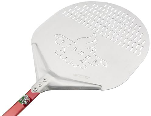 Pelle à pizza perforée en aluminium, Professionnel, Anodisée, Forme ronde, Plat perforé (Pelle : Ø 33 cm, Longueur du manche : 90 cm)