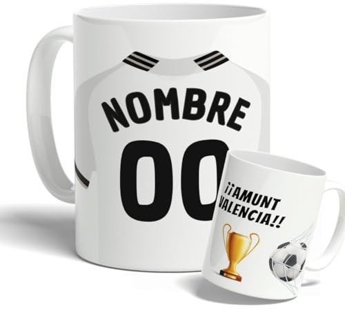 DEREGALOOS Taza Personalizada con nombre de Fútbol Valencia. Tazas de Desayuno personalizada. Regalo Original para Aficionados del Futbol. Regalos Mundial Valencia. Pulsera de regalo