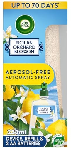 Air Wick Aerosol-Free Automatic Air Freshener Spray Kit| Sicilian Orchard Blossom| 1 Gadget, 1 Refill and 2 AA Batteries| 24x7 Active Fresh Odour Neutraliser | Lasts Up to 70 Day