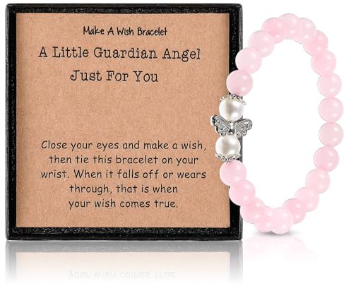 Fiada Schutzengel Perlenarmband Rosenquarz Edelstein Armband mit Karte und Geschenkbox Engel Armschmuck Mutmacher Geschenke für Damen Mädchen Familie Schwester Freunde Geburtstag