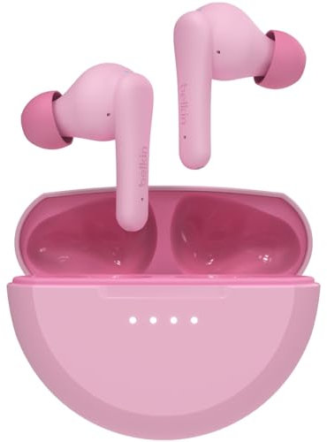 Belkin SoundForm Nano 2 Bluetooth In-Ear Kinderkopfhörer mit integriertem Mikrofon, 28 Std. Akkulaufzeit, Lautstärkebegrenzung auf 85 dB, wasserfest nach IPX5, für iPhone, iPad, Galaxy usw. – Rosa