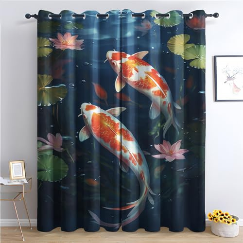 Vorhänge Koi Fisch - Japanische Lotusblume Fenster Gardinen mit Ösen, Vorhang Blickdicht Verdunklungsvorhänge Thermovorhang für Wohnzimmer Schlafzimmer Deko 2er Set, H 175 x B 140 cm P&-204