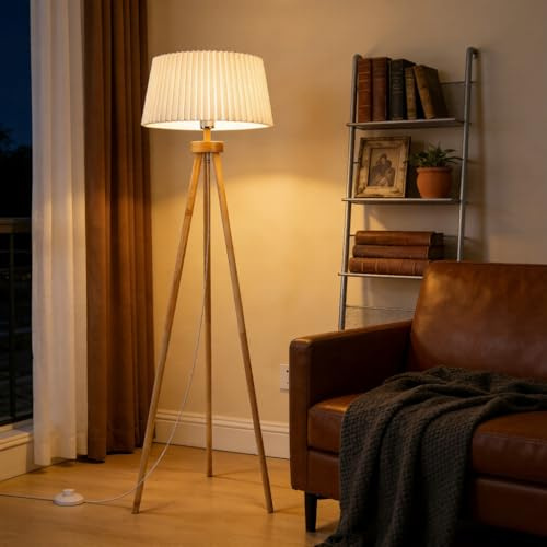 Aigostar stehlampe wohnzimmer， LED stehlampe dreibein holz vintage mit Plissee leinen lampenschirm und fußschalter， hochwertiges massivholz， skandinavischer stil， Weiß， ohne Glühbirne