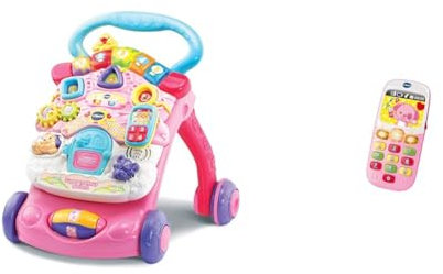 VTech - Super Trotteur Parlant Rose, Trotteur Bébé Pliable, Tableau d'Éveil Détachable & Baby Smartphone Bilingue Rose, Téléphone Bébé, Jouet d'Éveil - Version FR