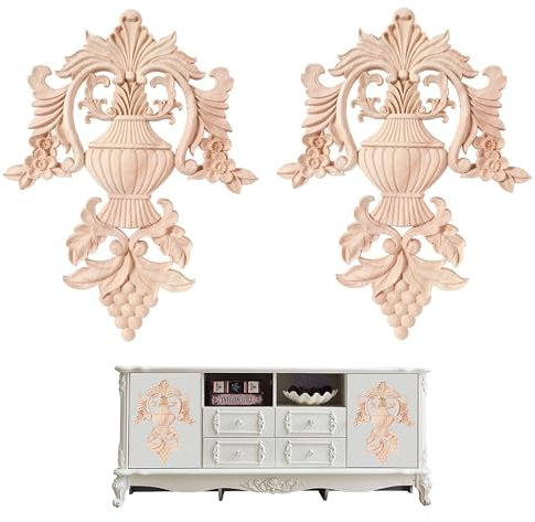 Hezhou 2pcs Retroschinitzereien Unlackierte Holzschnitzereien Europäische Schnitzereien Möbel Hause Tür Decor DIY Handgemacht Holz Geschnitzte Möbel Appliques Holz Ornamen (XL)
