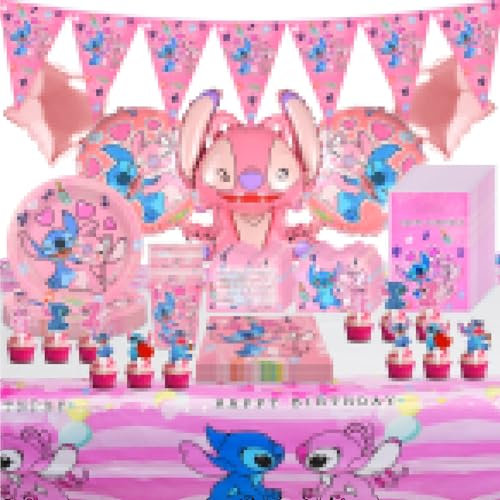 Anniversaire Vaisselle Kit,Decoration Anniversaire,Rose,Inclure: Assiettes, Gobelets, Serviettes,Drapeaux De Tirer, Ballons, Nappes, Etc