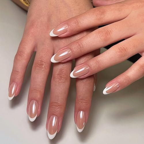 30 Stück Weiß Rosa French Tipp Press on Nails Lang Mandel Gefälschte Nägel Chrom False Nails Glänzend Vollabdeckung Falsche Nägel, Acryl Künstliche Fingernägel für Frauen Maniküre (Weiße Mandel)