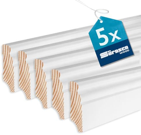 Sörnsen Wood Sockelleiste Kiefer – 16x58x2400 mm, 5 Stück hochwertige Fußleisten mit Altdeutschem Profil – weiß RAL 9016 lackiert und damit extra langlebig
