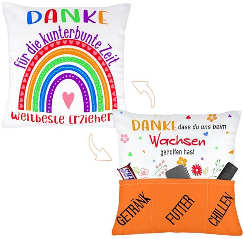 Merclix Abschiedsgeschenk Erzieherin Kissenbezug 45x45 mit 3 Tasche Dankeschön Lehrer Geschenk Ideen Danke Lehrerin