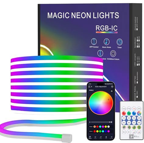 TK99SW Neon Ruban Led 5M, IP67 étanche LED Chambre de Contrôlé par Télécommande APP RGBIC Bande LED, Bluetooth Flexible Néon en Silicone Décoration Intérieure et Extérieure