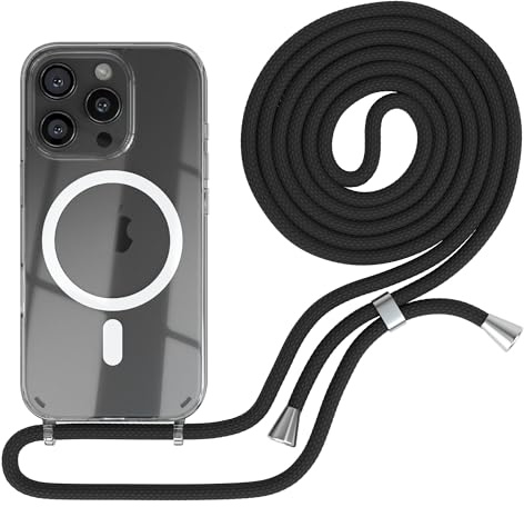 EAZY CASE - Handykette kompatibel mit iPhone 16 Pro Kette zum Umhängen Stoßfest Handyhülle für Apple iPhone 16 Pro Silikon Hülle mit Band Handytasche Transparent als Fallschutz in Schwarz