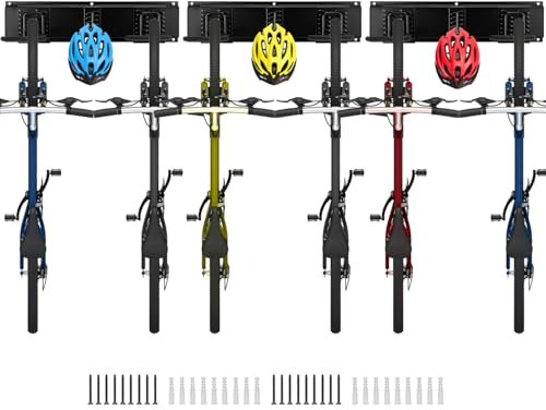 QWORK® Support mural pour vélo, porte velo mural réglable pour 6 vélos et 3 casques, pour garage, maison