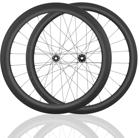 HZXQCVB 700C Fibra di Carbonio Set di Ruote per Bici da Corsa ASSE Passante Ruote Anteriori E Posteriori Blocco Centrale Freno A Disco Mozzi 24H per Cassetta A 8/9/10/11/12 velocità(60MM)