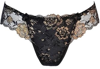 Axami Luxuriöser String Höschen aus schwarz-Goldener Spitze mit Rosenmotiv, außergewöhnliches Design für sinnliche Erlebnisse