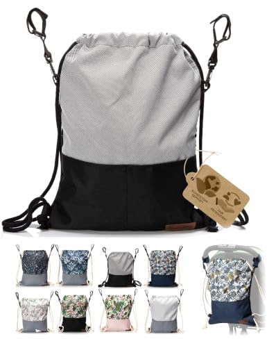 Wickeltasche Kinderwagen mit Rucksackfunktion, Modell 5 | leichter Beutel, wasserdicht & robust, mit Reißverschluss, Tunnelzug & Baumwollkordeln, für Alltag