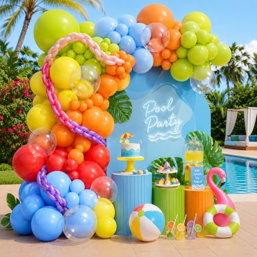 Tropische Sommer-Luftballons, Bogengirlande-Set, Neon-Limettengrün, Orange, Blau, Gelb, Rot, Regenbogen-Latex-Luftballons für Kinder, Hawaii, Luau, Aloha, Pool, Strand, Geburtstag, Babyparty,