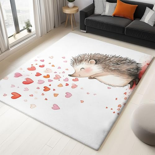 Teppich Kurzflor Waschbar Weich Teppich für Wohnzimmer Schlafzimmer Esszimmer - Teppiche Cartoon Einfacher Igel Muster Weiß Braun - 60 x 110 cm