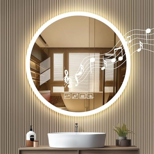 Hondony Rond Bluetooth Miroir Salle de Bain avec Eclairage 60cm, Anti-Buée, Miroir LED Salle de Bain, 3000K-4000K-6500K, Mémoire, IP44 Miroir Lumineux Salle de Bain, Capteur Tactile