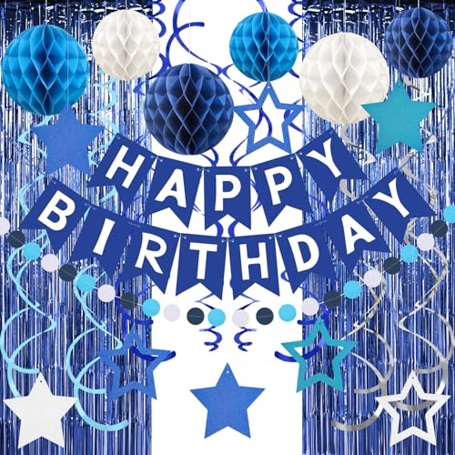 Tolle Geburtstag Deko Set - Geburtstag Banner, Folien Vorhänge, Wabenbälle & Party Accessoires Blaue Geburtstagsdeko - Für Jungens/Mädchen Kindergeburtstag - Einfache Montage