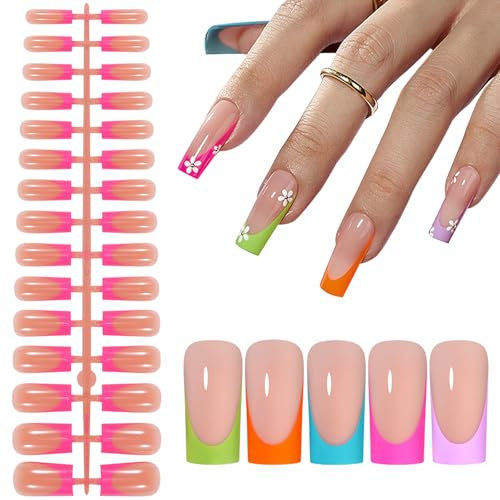 JSRQT French Faux Ongles Coloré Manucure 150 Pièces Couverture Complète Acrylique Artificiels pour Femmes Filles Naturels Accessoires Autocollants Press on Nails Art Tip Décor Outils Fake Coller