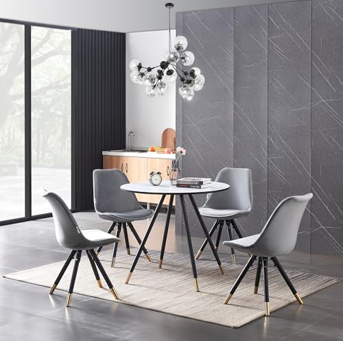 P&N Homewares Sofia Dorchester LUX Round Dining Table Set – Marble Effect Top, 4 Velvet Chairs – Scandinavian Style, Black Metal Legs with Gold Tips – Kitchen Dining Room Furniture