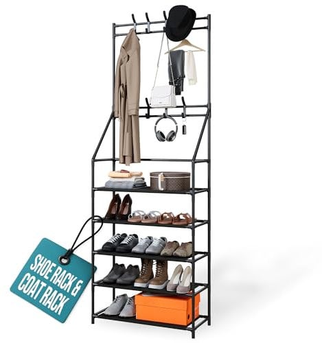 Klass Home Collection 5-Tier Shoe Rack & lightweight Coat Stand, Multipurpose Shoe Storage Organiser with 2 Hanging Rails & 8 Hooks, Hallway Organiser for Shoes & Accessories Storage Rack (Black)