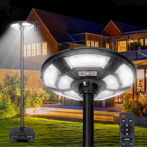 Solar Straßenlaterne mit H200cm Lichtmast, 750LEDs Solarstrahler mit Bewegungsmelder und Lichtsensor, Wasserbefüllbarer Fuß, 6500K, Timer, Garten Sicherheitleuchte Solarlampen für Außen Hof Garage