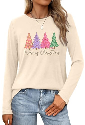 VVNTY Christmas Long Sleeve Shirt for Women Merry Christmas Shirts Funny Xmas Printed Crewneck Top (Beige2,XL)