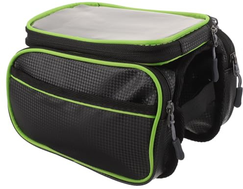 SOPOTUTU Borsa Bici Telaio in PU Verde e Nero Porta Cellulare con Ampio Spazio per Chiavi e Soldi Facile da Installare e Rimuovere Sacchetto Stoccaggio per Ciclismo