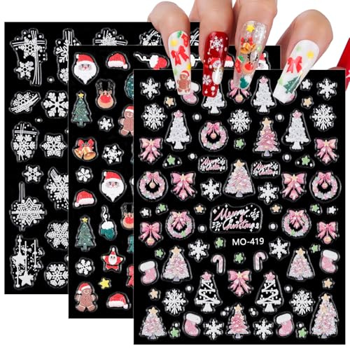 Weihnachts Nagelkunst Aufkleber, 3 Bögen, 5D geprägt, selbstklebend, Nagelaufkleber, Schneeflocke, Weihnachtsmann, Weihnachtsbaum, Elch, Rentier, Fliege, Designs, Nagelaufkleber für Frauen