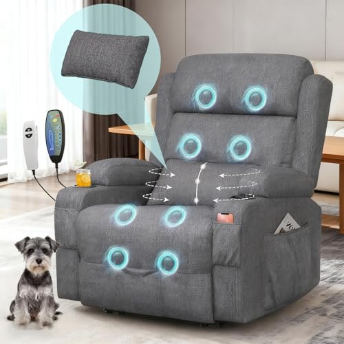 Recliners Chair, Lift Recliner Armchair for Elderly with Massage & Heat, Extended Footrest,USB+Type C Ports,Dual Cup Holders Side Pockets Comfy Recliner Armchair Lounge Sofa,Grey