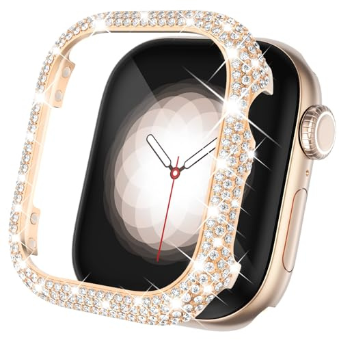 CHANCHY Metallgehäuse Kompatibel mit Apple Watch 46mm Series 11 10, Glänzende Schutzhülle mit Kristall Strass, Metall Bumper und Displayrahmen, für iWatch Series 11 10 46mm, Roségold