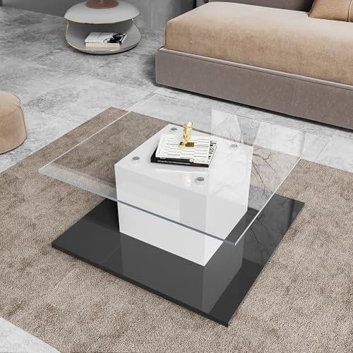 OKMYHOME Table Basse Carrée LED avec roulettes, 80 × 80 cm | Hauteur 40 cm, rangement intégré, panneau de particules, blanc et noir, pour salon